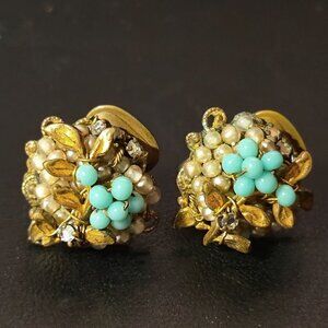 Rare Vintage signed Demario NY floral gold seed pearl & rhinestone clip earrings